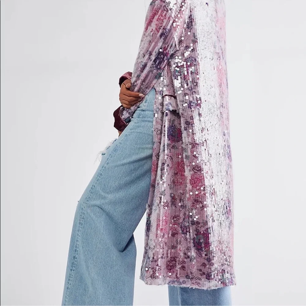 Free People Kealey Kimono Sequin in Pink Combo
